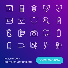 Modern Simple Set of mobile, security, video, photos Vector outline Icons. Contains such Icons as  attractive,  cinema,  hand, movie and more on gradient background. Fully Editable. Pixel Perfect.