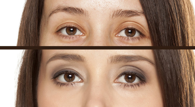Comparison portrait of female eyes without and with makeup on white background