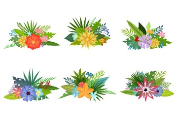 Set of bouquets with tropical flowers and leaves doodle style, design for postcard and invitation. Vector