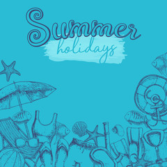 Fototapeta na wymiar Set of beach summer holidays accessories, sketch cartoon illustration. Vector