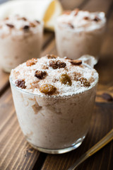 Rice pudding with coconut, cinnamon and raisins.