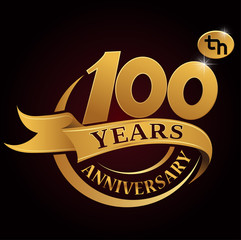 100 years golden anniversary logo celebration with golden ring and ribbon.