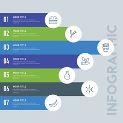 Flat food, health, science, nature infographic steps template with 7 options for presentations, advertising, annual reports.