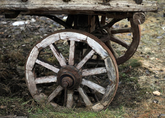 Fototapeta na wymiar Fragment of the old horse cart with a wooden wheel