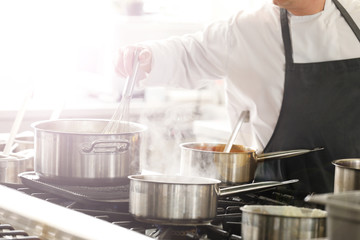Chef in hotel or restaurant kitchen cooking   