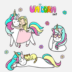 Set of hand drawn illustrations of magic unicorns, a unicorn with a cat, a girl with a unicorn.