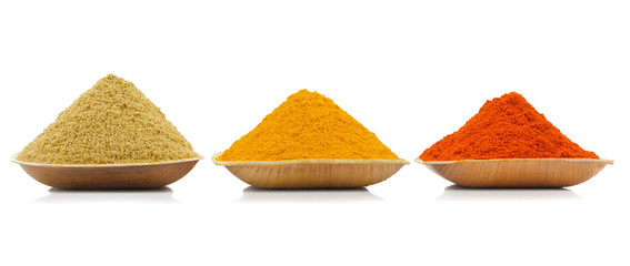 Indian Colourful Spices Also Know as Red Chilli Powder, Turmeric Powder, Coriander Powder, Mirchi, Mirch, Haldi, Dhaniya Powder Isolated on White Background