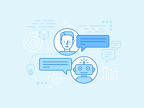 Vector Flat Linear Illustration In Blue Colors - Chatbot Concept