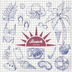 Summer set of doodle hand drawn objects isolated