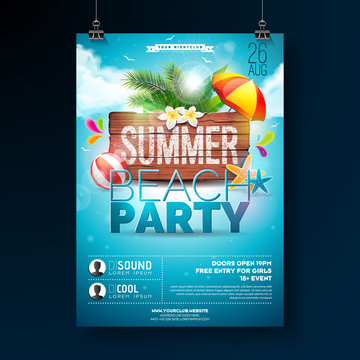 Vector Summer Beach Party Flyer Design with typographic elements on wood texture background. Summer nature floral elements, tropical plants, flower, beach ball and sunshade with blue cloudy sky