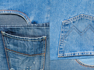 Background texture of denim fabric with pockets and stitched seams with buttons and rivets from...