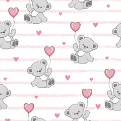 Cute cartoon Teddy bears with balloons seamless pattern. Vector baby background.