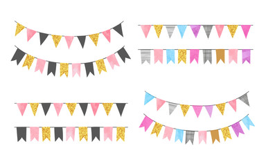 Set of colorful watercolor bunting party flags. Vector illustration, suitable for birthday party, wedding celebration.