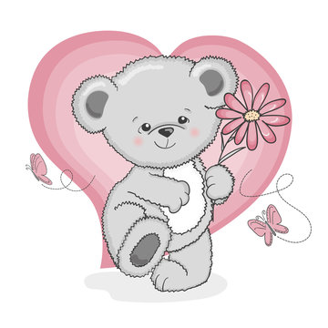 Cute cartoon teddy bear with a flower. Vector illustration for kids.