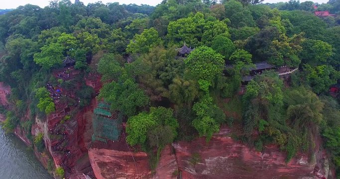 Aerial view of Leshan China Giant Buddha, 4k