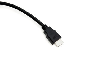 Black HDMI cable on white background. Connector close-up.