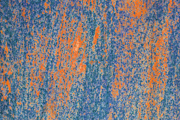 Texture of an old blue painted metallic surface with rust stains for background.