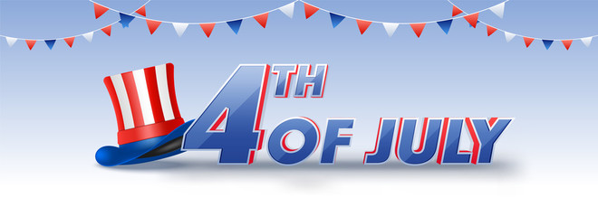 Web banner or header design with hat and stylish text 4th of July, bunting decoration on blue and white background.