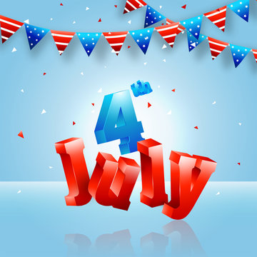 Shiny 4th of July text, Bunting Flags on shiny blue background.