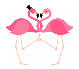 Two pink flamingoes in love - wedding illustration.