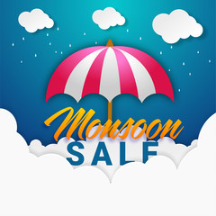 Monsoon Sale Concept with paper cloud, and umbrella on blue sky background.