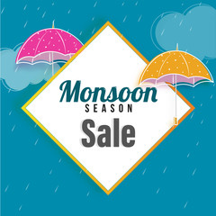 Monsoon Sale concept with umbrellas on rain drops background.