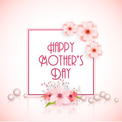 Fototapeta na wymiar Happy Mother's Day celebration concept with beautiful flowers, pearls and text. Greeting card design.