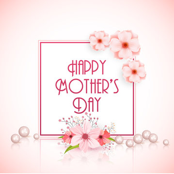 Happy Mother's Day celebration concept with beautiful flowers, pearls and text. Greeting card design.