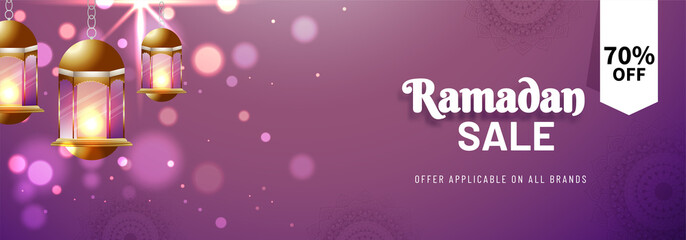 Obraz na płótnie Canvas Web banner with hanging illuminated lanterns. Ramadan Sale concept.
