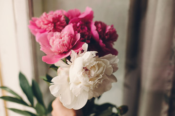 hand holding lovely pink peony and peonies on rustic old white wooden window in light, space for text. top view. floral greeting card. rural country image. shabby chic concept