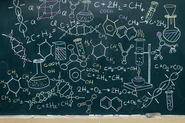  formulas Organic chemical formulas written on a green chalkboard
