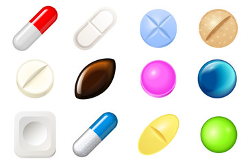 Set of pills and painkiller capsules. Vitamin tablets for good health and antibiotic medications in blister pack. Pharmacy and medical drug on white background.