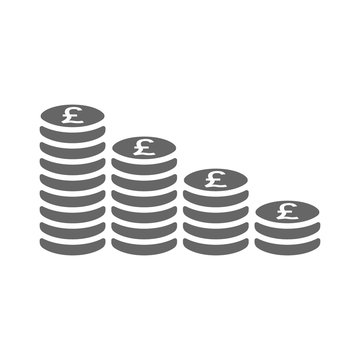 British pound coin stack icon. Coins stacks icon, pile of british pounds coins.