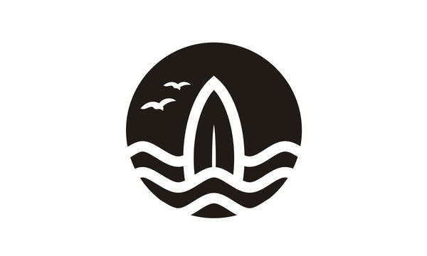 Surf Circular Logo, Surfboard Sea Wave Ocean Sun Moon Birds logo design inspiration