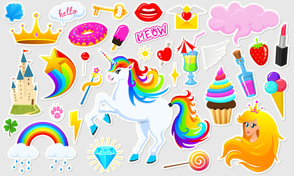 Set of girls fashion cute patches, fun stickers, badges and pins. Collection different elements. Princess and unicorn, lips and ponies, rainbow and sweets. Vector trendy illustration.