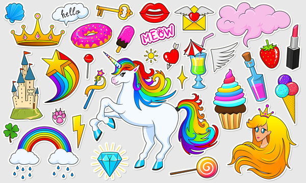 Set of girls fashion cute patches, fun stickers, badges and pins. Collection different elements. Princess and unicorn, lips and ponies, rainbow and sweets. Vector trendy illustration.
