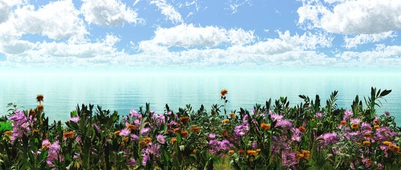 blooming meadow on the water, a spring clearing on the water,

