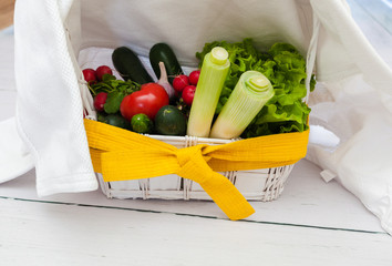 A bouquet of vegetables with a belt and kimono