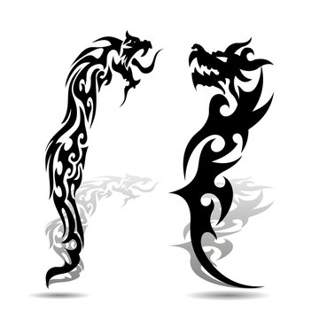 Two black dragon silhouette with shadow on white background,