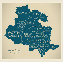Modern City Map - Bradford city of England with wards and titles UK