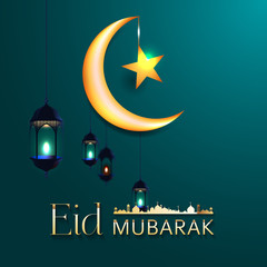 Eid mubarak horizontal vector banner, text in middle with lantern and Mosque. Eid mubarak ads, flyer, invitation, greeting card. Islamic background.