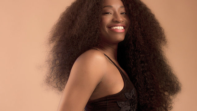 Beauty mixed race african american woman with hair blowed in air smiling at camera