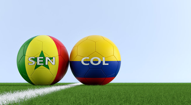 Colombia vs. Senegal Soccer Match - Soccer balls in Senegals and Colombias national colors on a soccer field. Copy space on the right side - 3D Rendering 