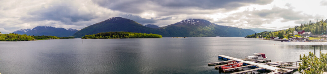 Fototapeta na wymiar Panoramic picture of fjord in Skodje, Norway