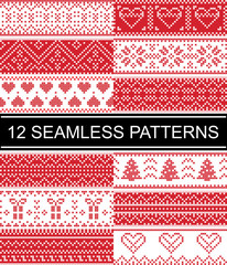 Scandinavian style vector patterns  inspired by Norwegian Christmas, festive winter seamless pattern in cross stitch with heart, snowflake, Christmas tree, snow, decorative ornaments in red, white 
