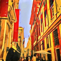 Beautiful view of Italian city street. Big size oil painting pictorial art. Modern impressionism drawing artwork. Creative artistic print for canvas or textile. Wallpaper, poster or postcard design.