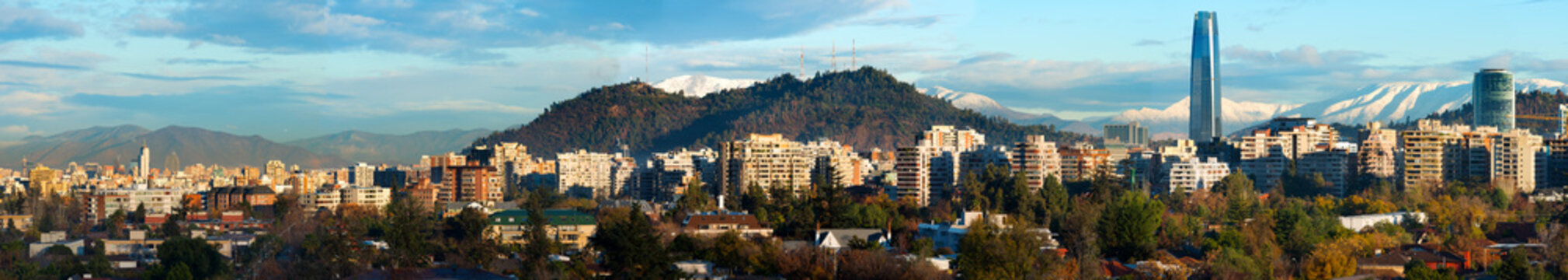 Panoramic view of Santiago de Chile with the historic downtown at the left and the new Financial district at the right