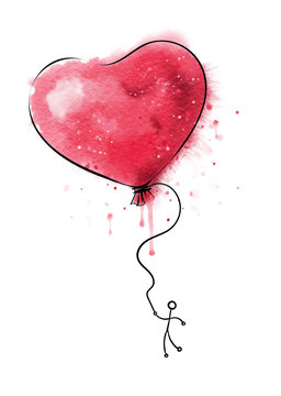 Red heart balloon symbol of love with person flyin on it, watercolor.