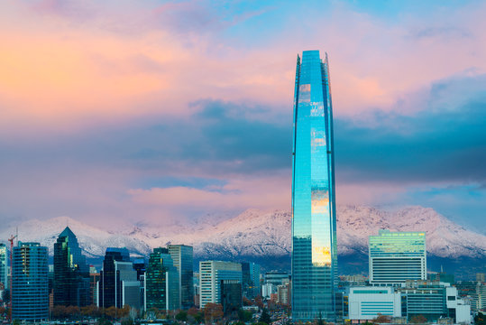 Financial district skyline with Los Andes Mountains in the back, Las Condes, Santiago de Chile