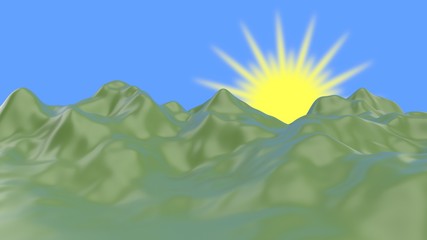 Hübel und Berge mit Sonne im Hintergrund II